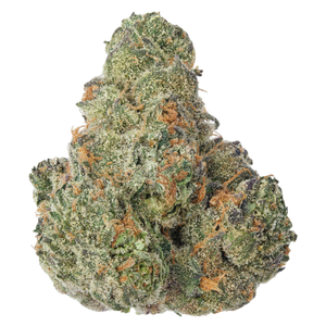 A close-up image of a cannabis bud with a snow-like appearance due to its white trichomes.
